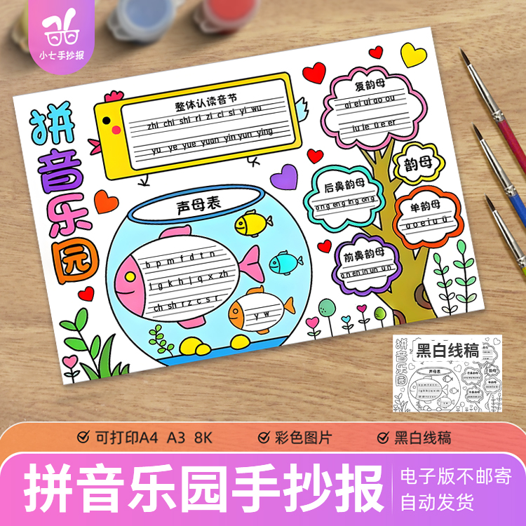 拼音乐园手抄报电子模板一年级汉语拼音声母韵母整体认读音节线稿