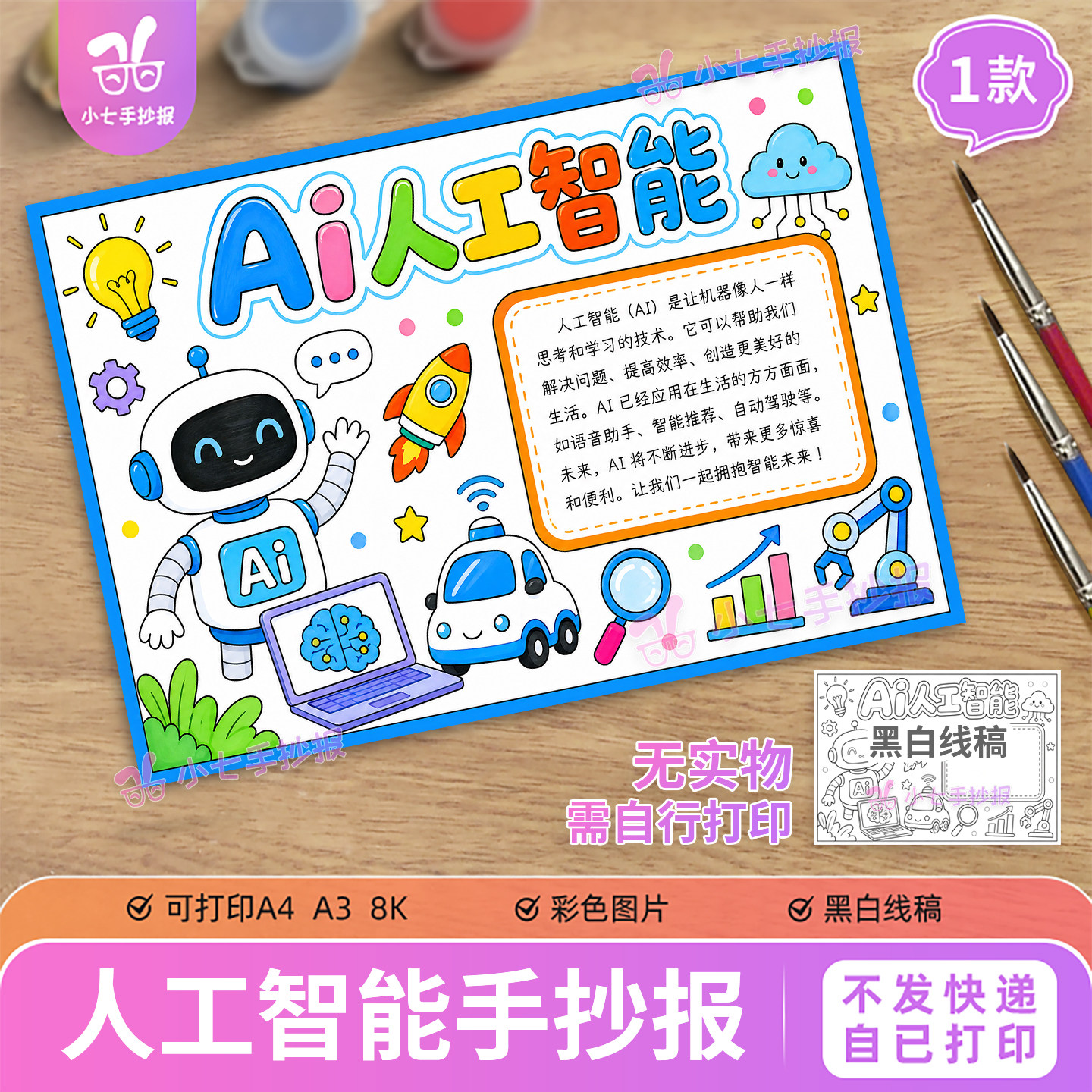 AI人工智能手抄报电子版模板科技未来主题绘画可打印线稿图