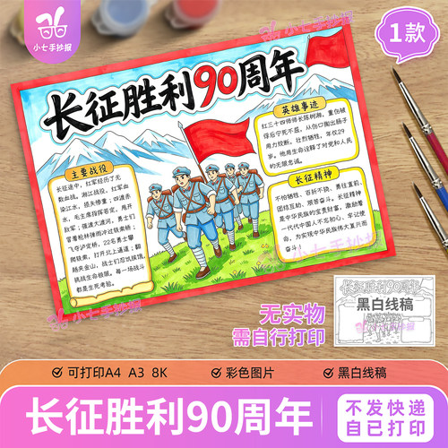 长征胜利会师90周年手抄报模板电子版爱国传承红色小报线稿图