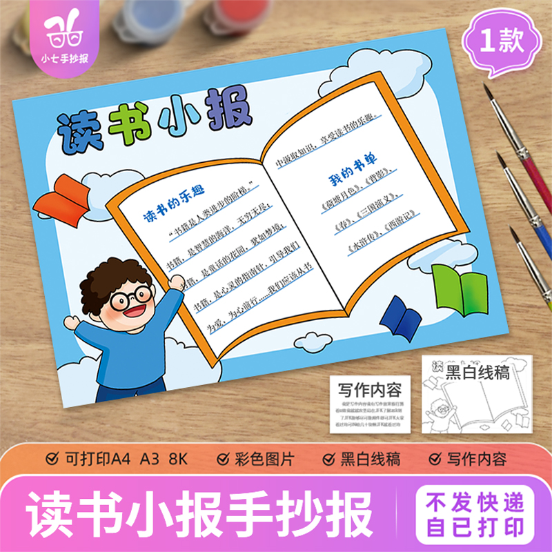 读书小报手抄报电子模板小学生快乐阅读好书推荐书香家庭线稿