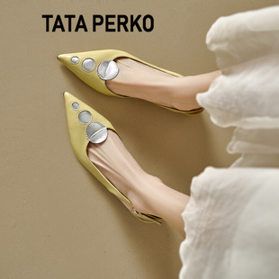 女鞋 粗跟异形跟黄色后空尖头单鞋 PERKO联名真皮拼色包头凉鞋 TATA