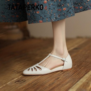 女平底单鞋 T字带韩版 复古镂空包头凉鞋 TATAPERKO联名女鞋 玛丽珍