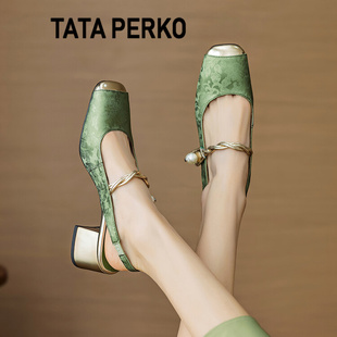 PERKO联名新中式 国风刺绣穆勒鞋 女2024新款 TATA 包头凉鞋 气质单鞋