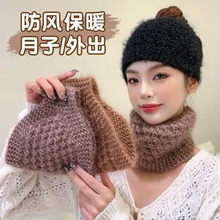 新款 针织松鼠绒秋冬空顶帽毛线发带保暖头套白发头饰护耳头巾围脖