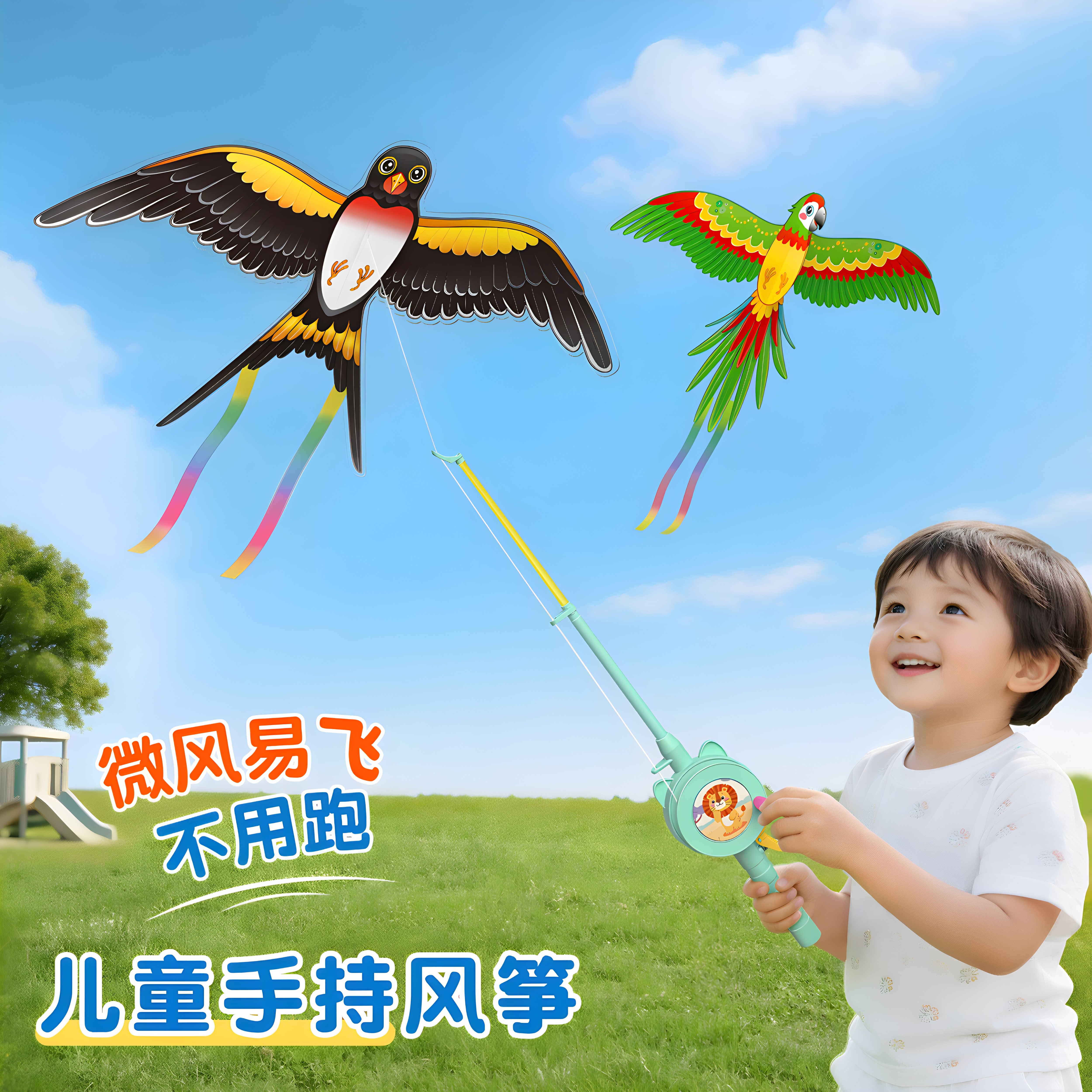 儿童手持钓鱼竿微风易飞小风筝