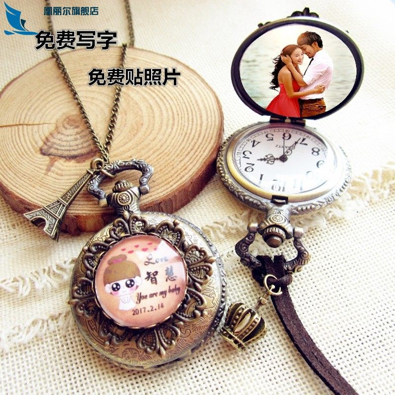 复古怀表翻盖照片项链定制名字生日可放照片情侣闺蜜吊坠