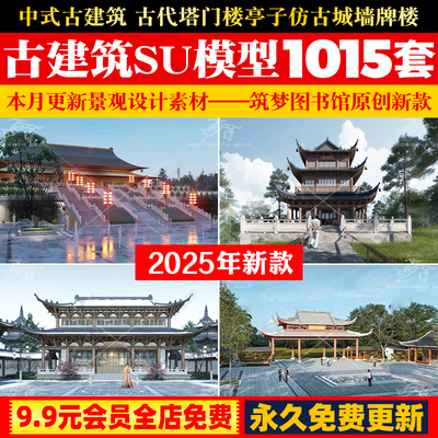草图大师古建su模型 中式古建筑 古代塔门楼亭子仿古城墙牌楼素材