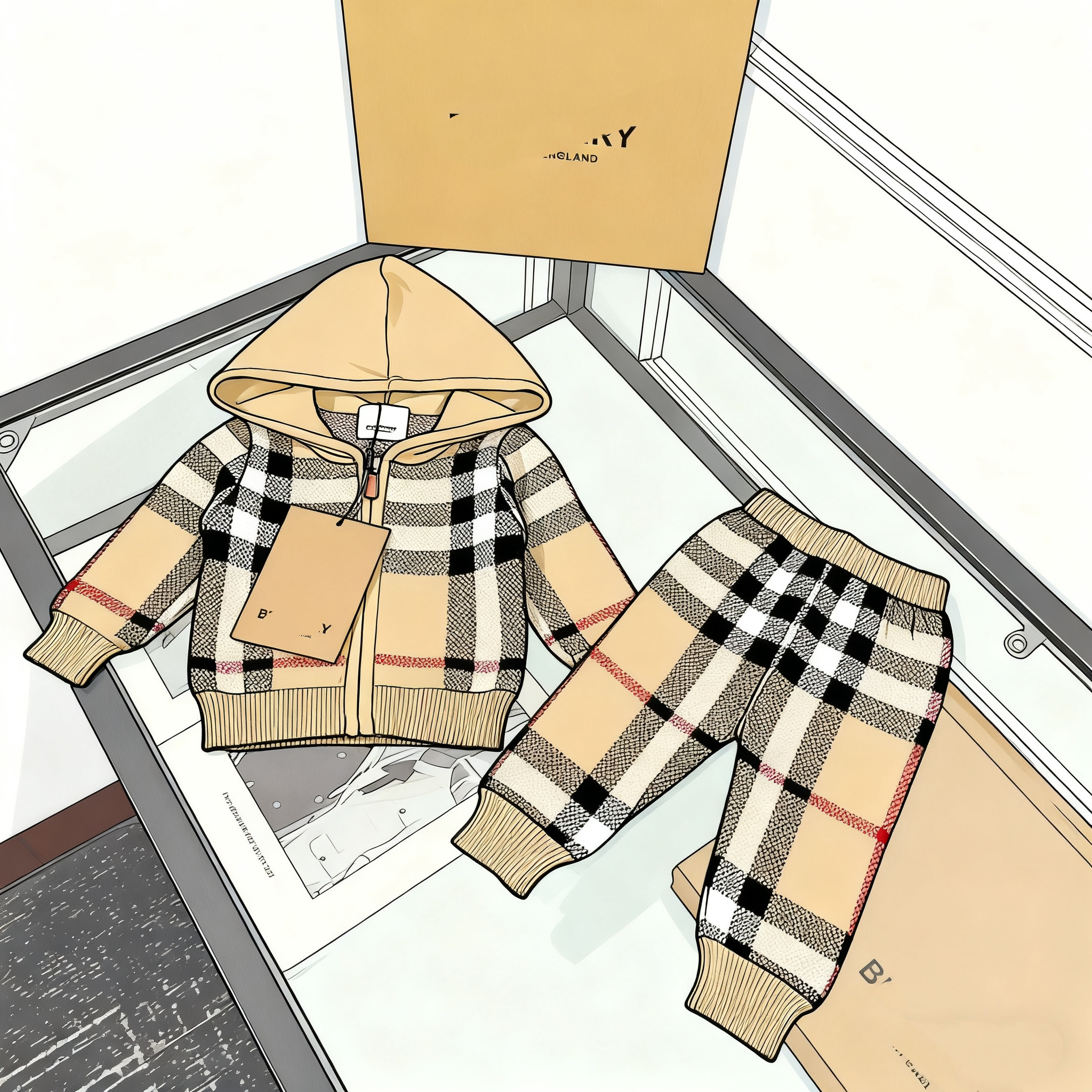 婴儿衣服秋冬男女宝宝格子连帽拉链针织衫外套格子长裤洋气套装