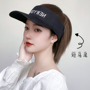 帽子假发一体夏季遮阳防晒短直发时尚空顶字母鸭舌帽高马尾假发帽
