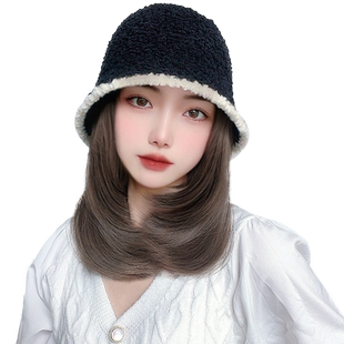 帽子假发一体针织渔夫毛绒帽女短直发秋冬季显脸小锁骨发毛线帽子