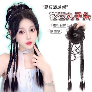 假发辫马尾丸子头假发抓夹新中式双麻花长辫高马尾假发花苞头发饰
