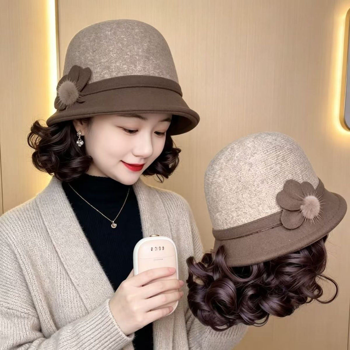帽子假发女短卷发梨花卷秋冬新款