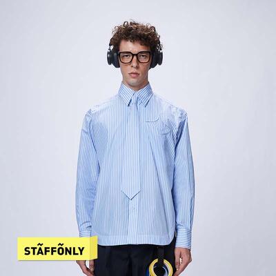 STAFFONLY 蓝色条纹星星领带衬衫男女同款休闲木纹衬衣春夏新品