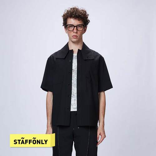 STAFFONLY 黑色泡泡纱折角口袋短袖衬衫男女同款衬衣25春夏新品