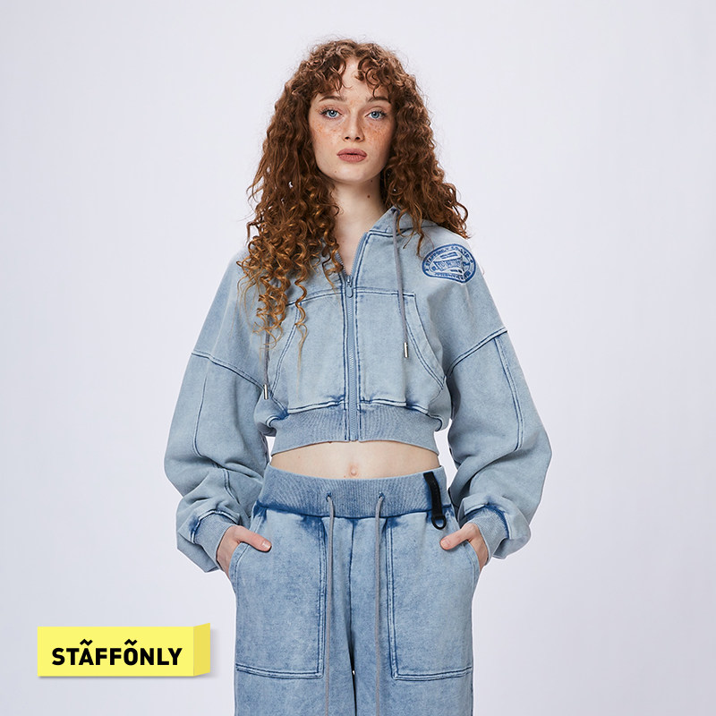 STAFFONLY A Prime Cut蓝灰水洗刺绣拉链卫衣外套女款拉链帽衫