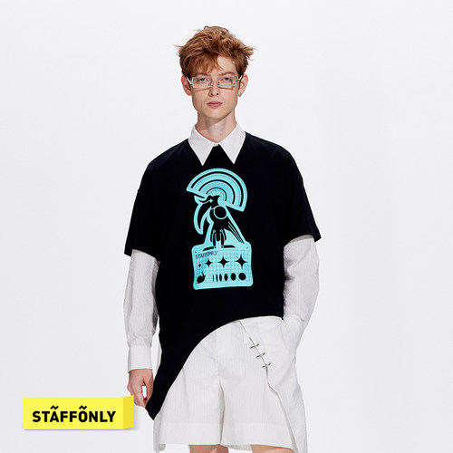 STAFFONLY 拖延症 不对称尺子印花短袖T恤潮流百搭黑白双色