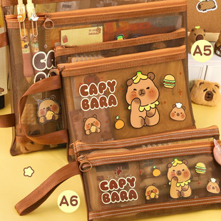 A4透明双层网纱文件袋小学生专用试卷收纳袋初中生文具铅笔袋拉链式手提袋资料袋学科目分类袋补习袋收纳袋a5