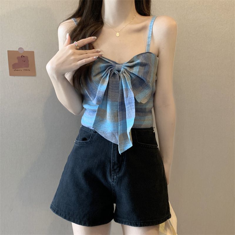 甜辣风条纹小吊带背心女夏内搭外穿设计感小众蝴蝶结无袖短款上衣