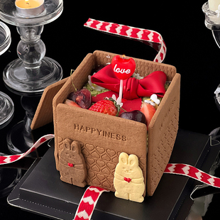 2025情人节网红饼干盒蛋糕装饰摆件熊兔饼干爱心蜡烛丝带情侣烘焙