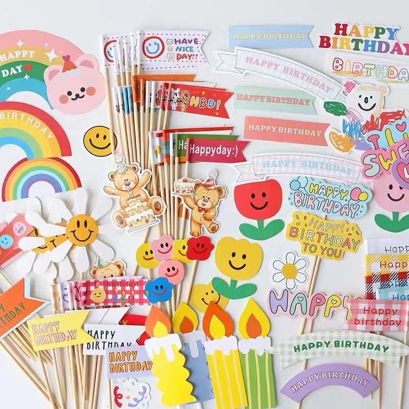 韩国ins风彩旗蛋糕装饰插件笑脸