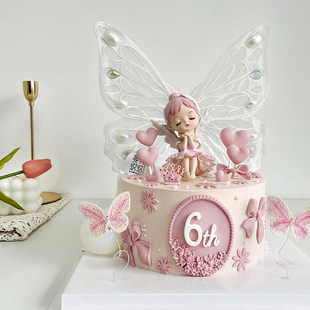 贝拉公主水钻蝴蝶女孩公主生日蛋糕装饰摆件插件刺绣蝴蝶带灯装扮