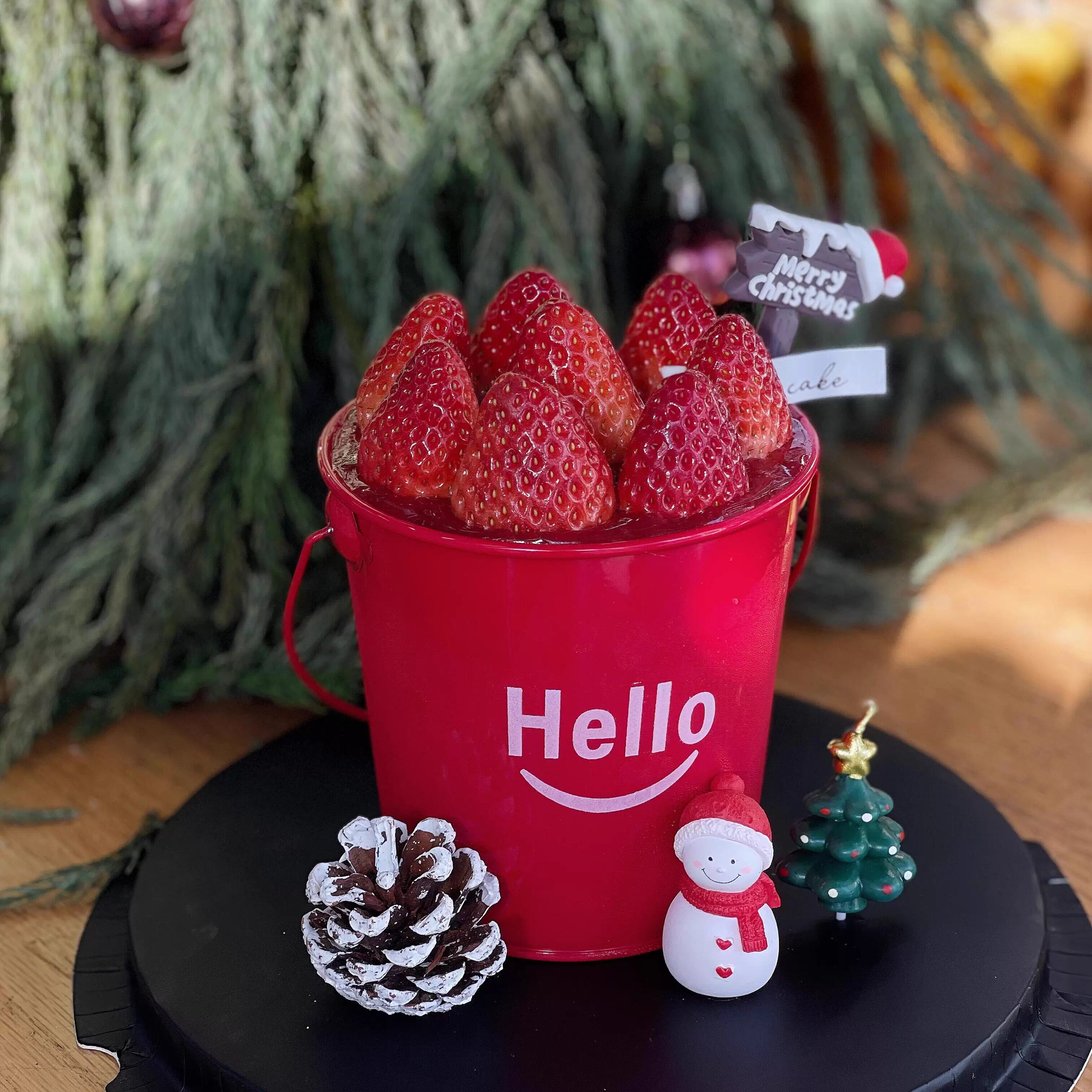 网红hello红色小铁桶圣诞节蛋糕装饰草莓樱桃甜品桶手提桶蛋糕桶