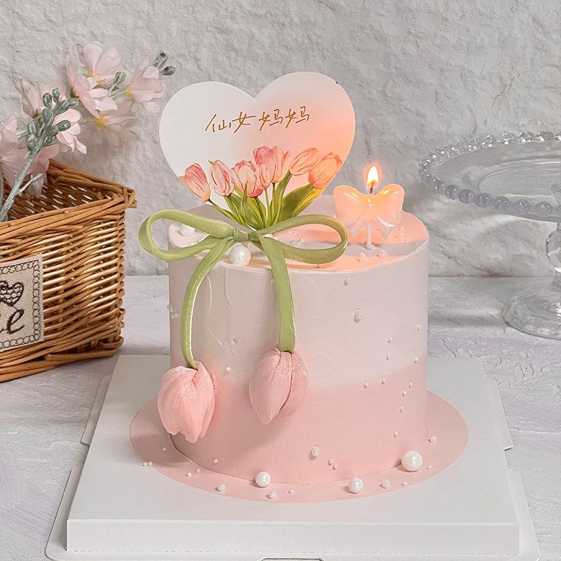 母亲节唯美郁金香爱心卡片蛋糕装