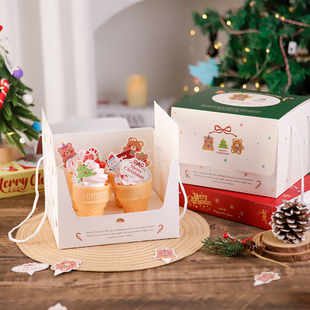 2025新款圣诞节小熊甜筒包装盒创意冰淇淋蛋糕甜品手提打包盒子