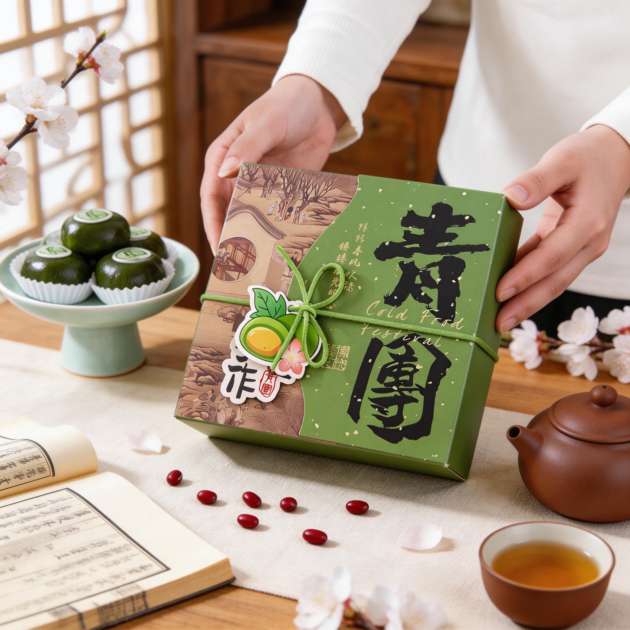 古风青团包装盒清明果贴纸4粒绿豆糕冰皮烘焙专用礼盒打包空盒子