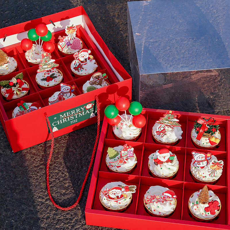 圣诞节九宫格纸杯蛋糕装饰摆件圣诞雪人老人麋鹿马芬杯烘焙插件