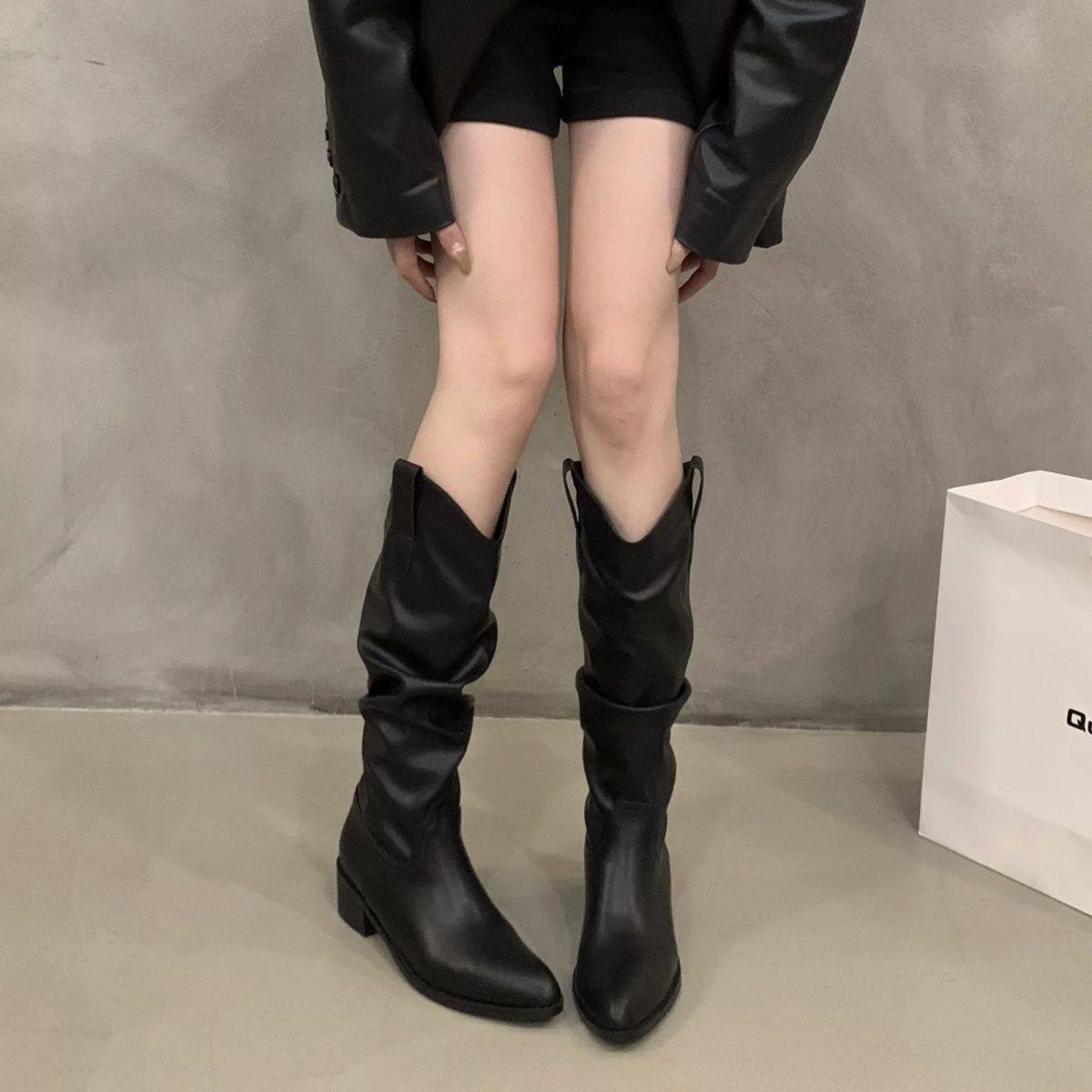 2026粗跟复古V口堆堆中长靴女鞋秋冬季尖头西部牛仔长筒靴子,女鞋,骑士靴,淘宝优惠券,粉丝福利购,淘宝优惠卷