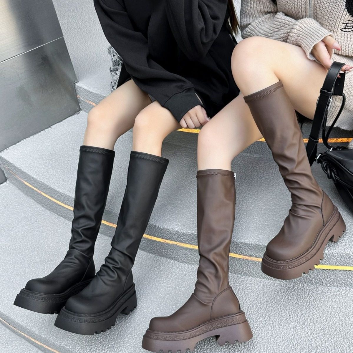 2026旅游必穿！长靴子女东款美式复古女靴棕色高筒靴长筒靴西部牛,女鞋,弹力靴/袜靴,淘宝优惠券,粉丝福利购,淘宝优惠卷