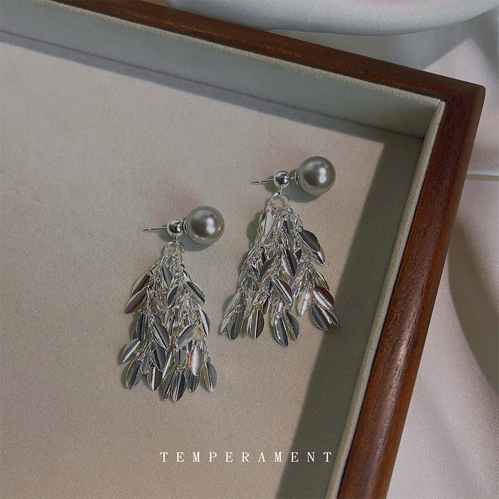 一款两戴波光粼粼长款流苏叶子很闪耳环爆款玻璃真多麻灰珍珠耳饰