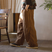 休闲裤 封面是花 撞色格纹 文艺复古 色织亚麻