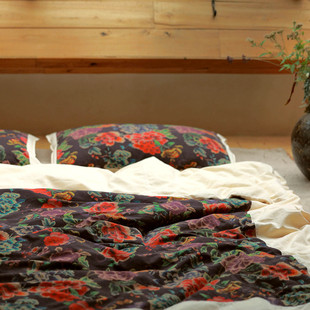 封面是花 亚麻印花被面 拼原色麻棉 被套 枕套 旧式被套