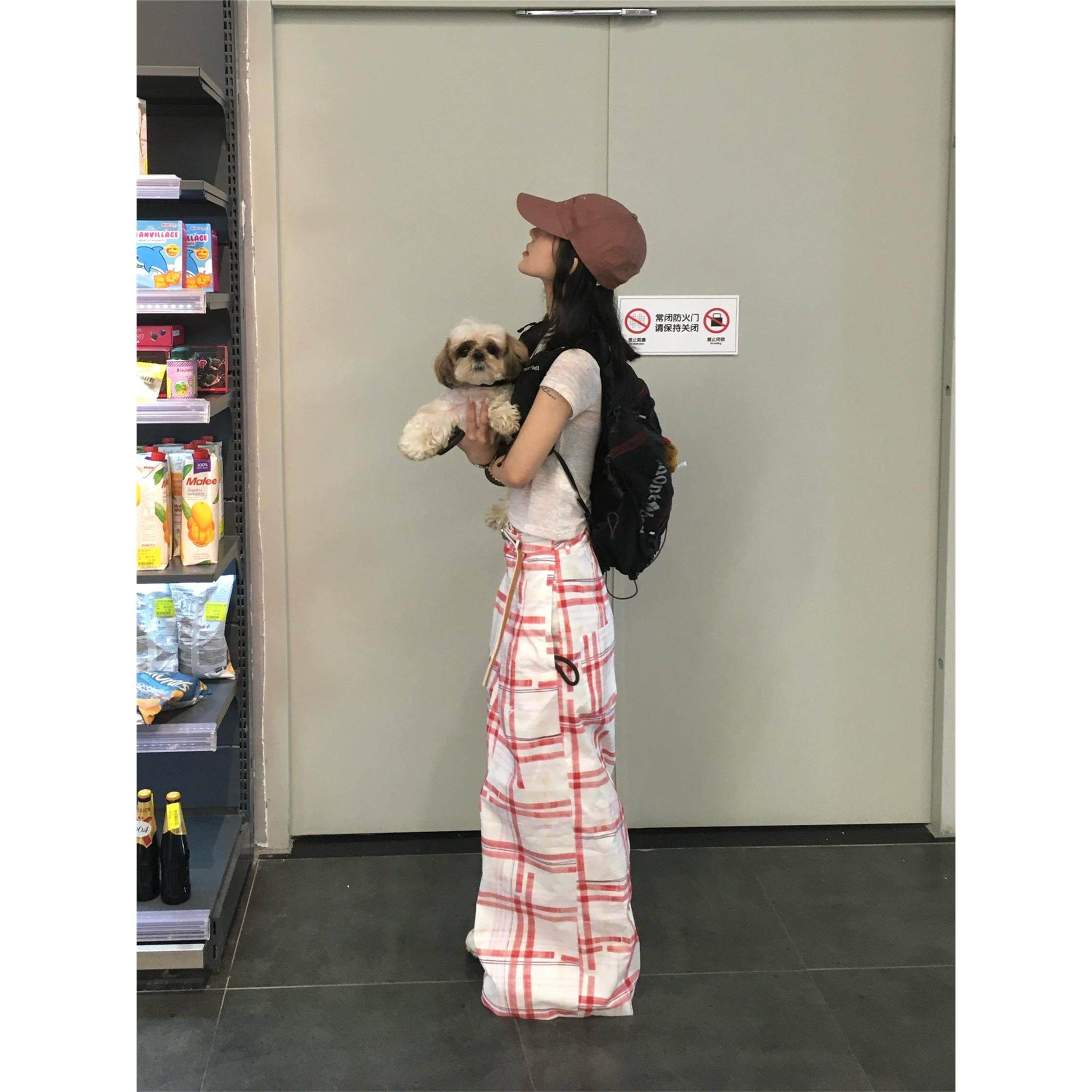 美式覆古红白格纹阔腿裤女秋季街头小众慵懒松弛感休闲条纹拖地裤