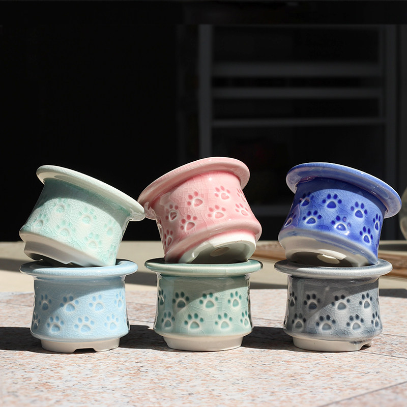 多肉花盆控根帽檐印章盆冰裂陶瓷简约糖果色花盆猫爪爱心创意花盆