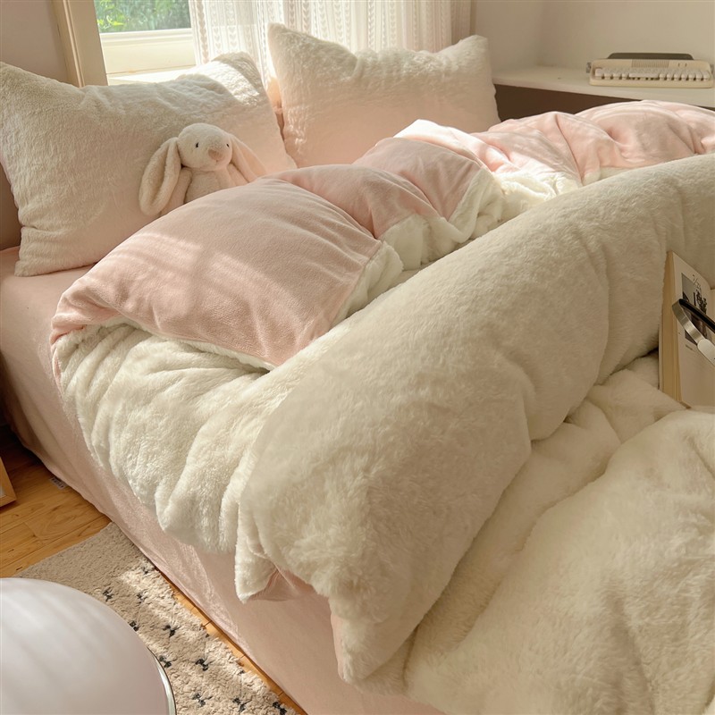 韩式奶油风獭兔绒四件套冬季加厚保暖牛奶绒被套宿舍床单人三件套