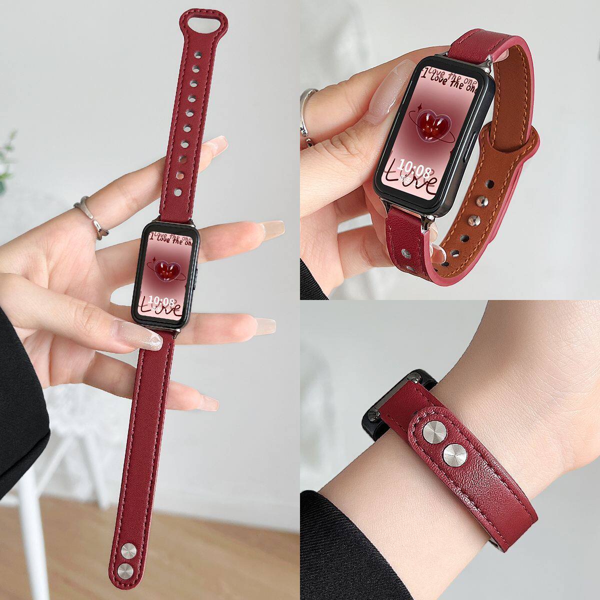 【车厘子红】适用华为手环11表带9/8皮质双扣时尚运动荣耀手环10