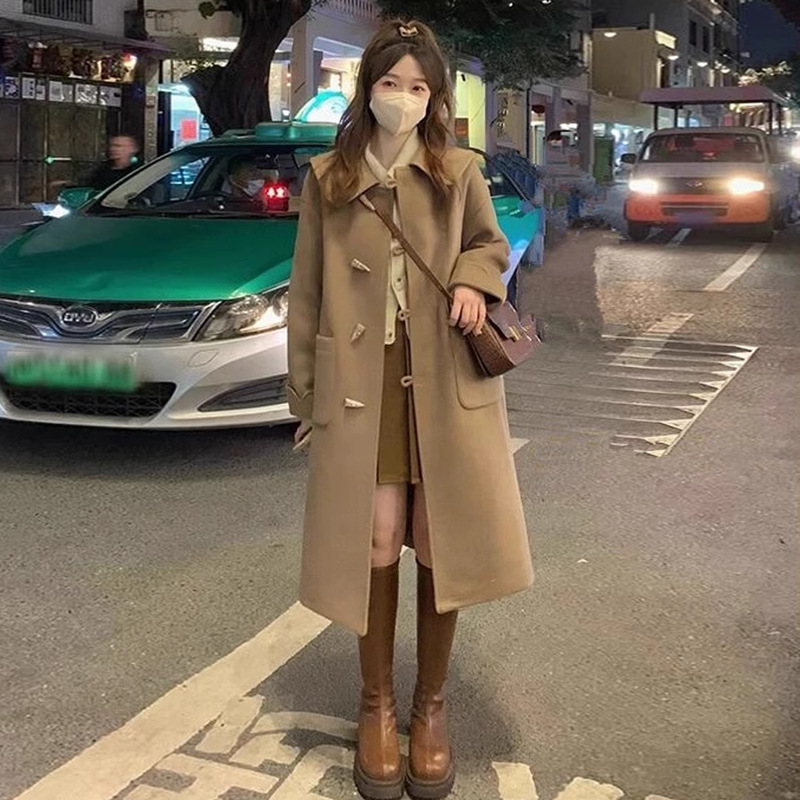 仿羊绒呢子大衣女中长款2025秋冬季新款小个子牛角扣双面毛呢