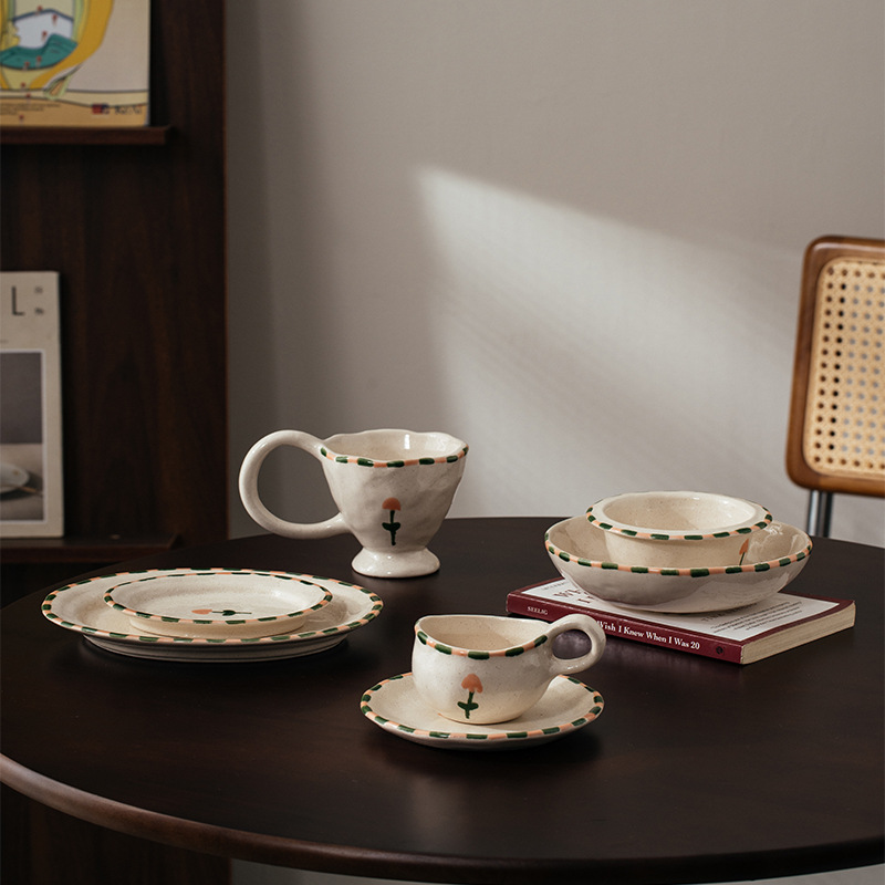 手捏陶瓷咖啡杯碟碗套装花边粉绿花朵一人食漂亮餐具碟盘马克杯子