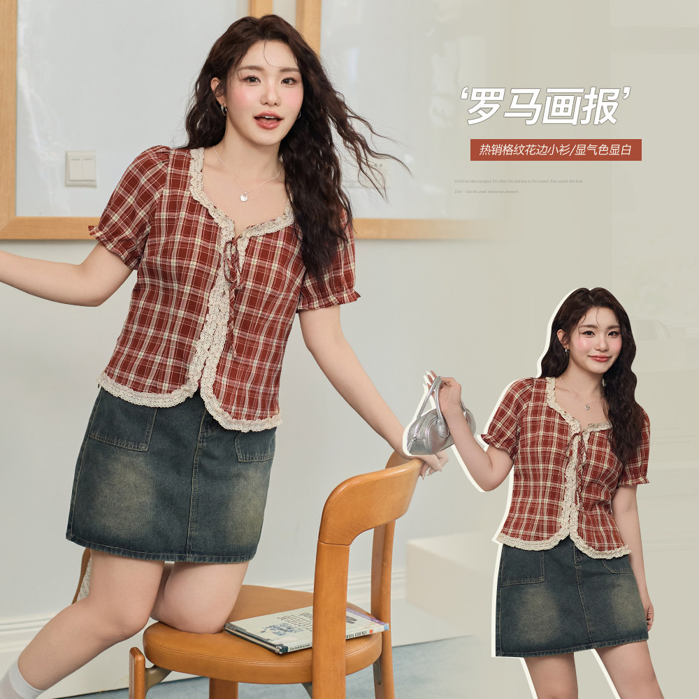 韩系撞色花边拼接方领格纹小衫夏季胖mm大码修身显瘦短袖上衣