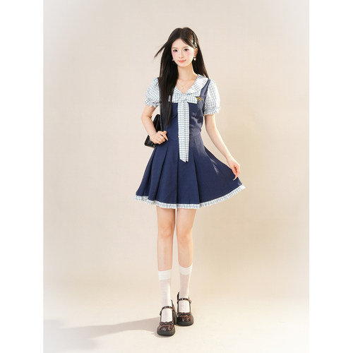 苍蓝篇章学院风甜美假两件格纹撞色连衣裙女夏季新款收腰短裙
