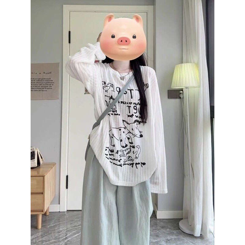 趣味小狗慵懒风早秋长袖T恤女夏防晒白色罩衫薄款宽松上衣女