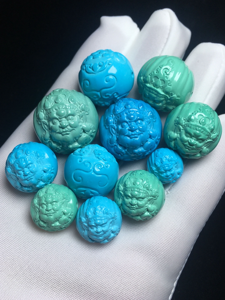 伴生矿菱镁矿优化二代蓝绿松石黄财神财宝天王顶腰珠diy文玩配饰