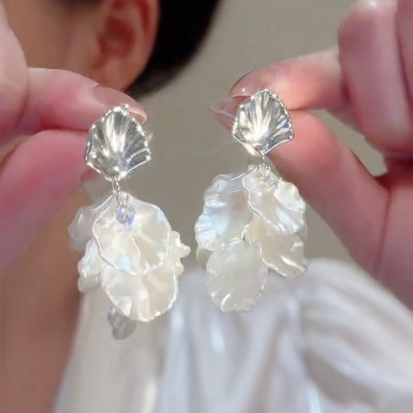 925银针贝壳叶子流苏耳环