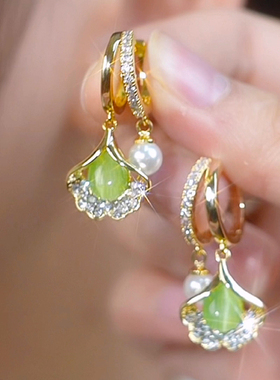 绿色猫眼石银杏叶珍珠耳扣耳环女小众高级感百搭耳扣新款潮耳饰品