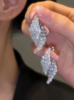 轻奢灵动满钻树叶耳环女前后戴纯银针耳钉高级感百搭新款重工耳饰