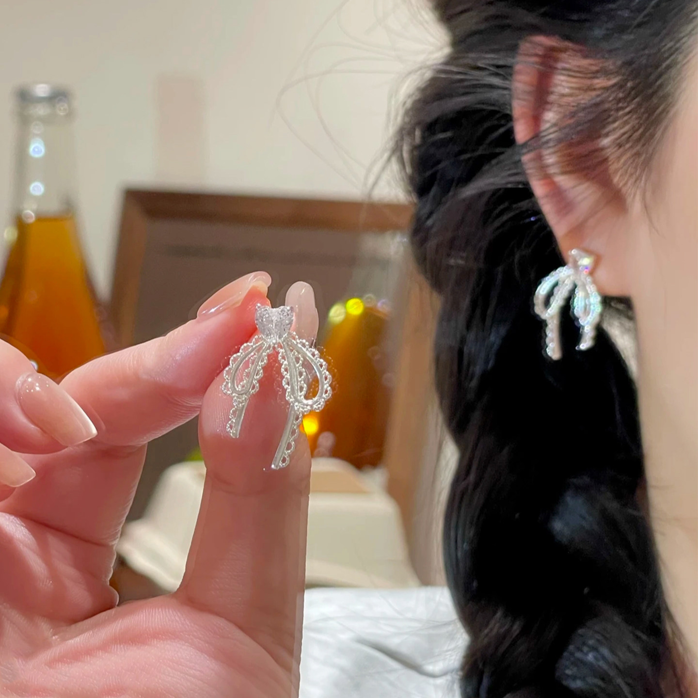 925银针法式蕾丝蝴蝶结耳钉