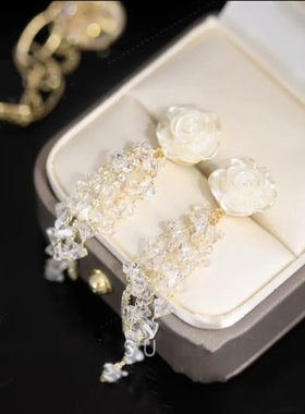 白色花朵水晶流苏耳环女2022年新款潮山茶花耳钉气质s925银针耳饰